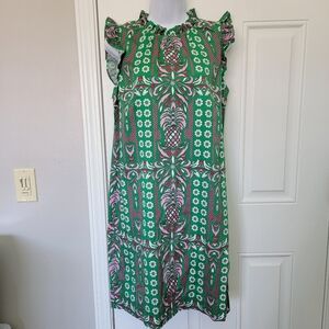 Charter Club Womens Dress Green Pink Tropical Sleeveless Ruffle Trim Size Small